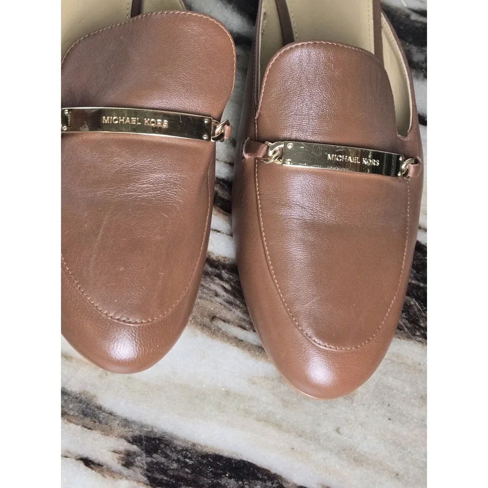 Michael Kors Tiffanie Flat‎ Mule Brown Leather 8 Slide Preppy Designer Office